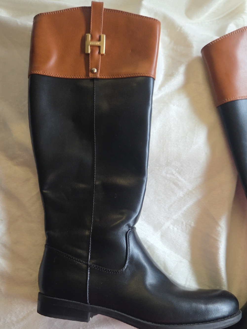 Tommy Hilfiger Black Leather Tall Boots with Brown Cuff